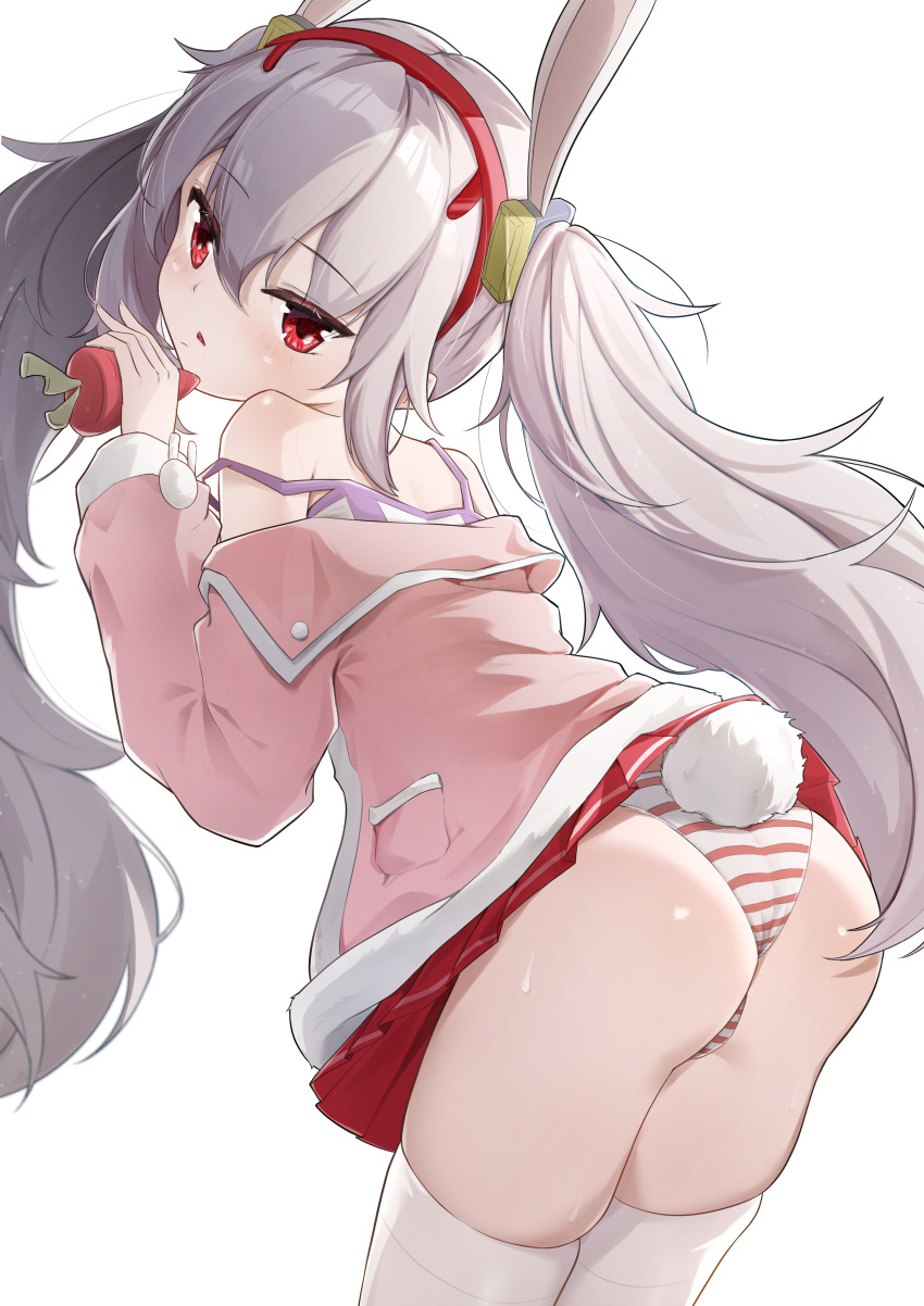 1girl absurdres animal_ears ass azur_lane camisole carrot commentary cowboy_shot fake_animal_ears fake_tail food from_behind grey_hair hair_between_eyes hairband highres holding holding_carrot holding_food jacket laffey_(azur_lane) long_hair long_sleeves looking_at_viewer miniskirt panties parted_lips pink_jacket pleated_skirt rabbit_ears rabbit_tail red_eyes red_hairband red_skirt semisweet simple_background skirt solo strap_slip striped striped_panties tail thighhighs twintails underwear very_long_hair white_background white_thighhighs