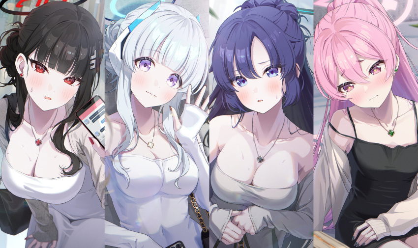 4girls absurdres alternate_costume averting_eyes bag black_dress black_hair blue_archive blush breasts cardigan cellphone cellphone_photo cleavage collarbone column_lineup cross-shaped_pupils dongtan_dress dress fingernails grey_cardigan grey_dress grey_hair halo headgear highres holding holding_bag holding_phone jewelry koyuki_(blue_archive) large_breasts looking_at_viewer medium_breasts meme_attire momomoi_momoi multiple_girls nail_polish necklace noa_(blue_archive) phone pink_hair purple_hair rio_(blue_archive) seminar_(blue_archive) sidelocks sleeveless sleeveless_dress small_breasts sweatdrop symbol-shaped_pupils taut_clothes taut_dress text_messaging upper_body white_dress yuuka_(blue_archive)