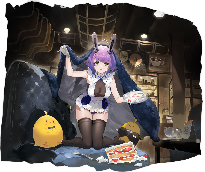 1girl :o ahoge alchemaniac animal_ears apron ass_visible_through_thighs azur_lane bare_shoulders bird black_thighhighs black_veil breasts cake cake_slice cleavage coffee couch cup dress embarrassed fake_animal_ears food fork frilled_apron frilled_dress frilled_leotard frills fruit full_body gloves green_eyes grey_gloves hair_ornament highres holding holding_plate holding_tray houston_(azur_lane) houston_ii_(azur_lane) houston_ii_(ready_to_serve!)_(azur_lane) indoors kneeling large_breasts leotard looking_at_viewer maid manjuu_(azur_lane) medium_hair no_shoes non-web_source nontraditional_playboy_bunny official_alternate_costume official_art open_mouth plate purple_hair rabbit_ears skindentation sleeveless solo strawberry_shortcake table teacup thighhighs thighs tray veil white_apron white_gloves zettai_ryouiki