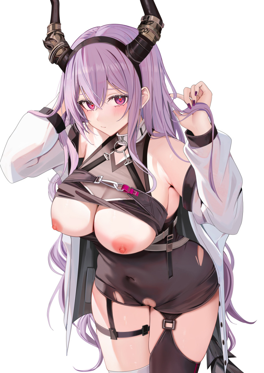 1girl adjusting_hair arknights asymmetrical_legwear black_thighhighs blush breasts cleavage closed_mouth covered_navel hair_between_eyes hand_in_own_hair hands_in_hair hands_up highres holding holding_hair horns jacket large_breasts long_hair long_sleeves looking_at_viewer mismatched_legwear nipples off_shoulder open_clothes open_jacket paid_reward_available purple_eyes purple_hair ru_zhai see-through see-through_cleavage simple_background solo tail thighhighs typhon_(arknights) very_long_hair white_background white_jacket white_thighhighs