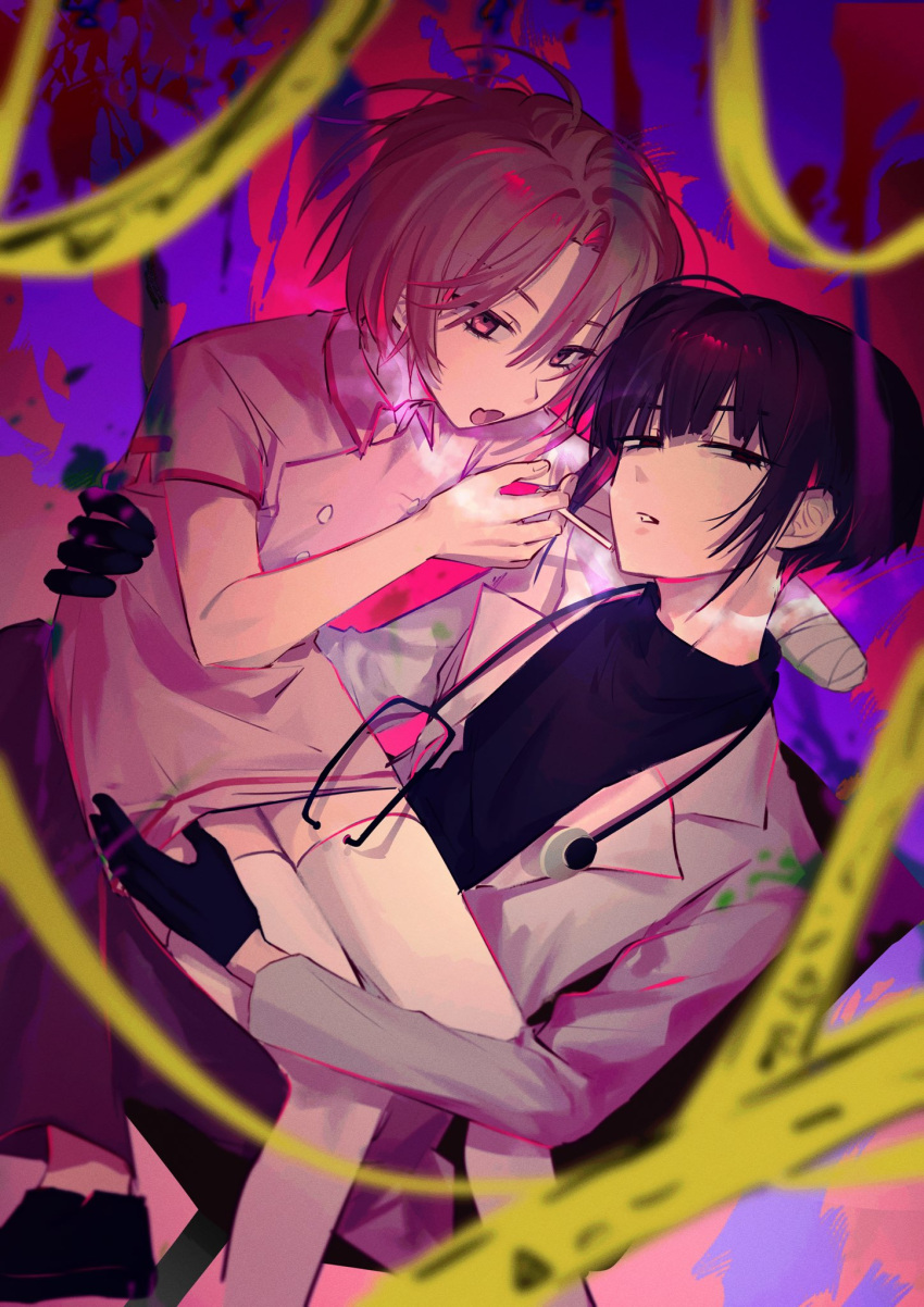 2boys ahoge amputee androgynous black_eyes black_hair cigarette crossdressing doctor dress hat highres holding holding_cigarette itigokuruiza kijirushi_ren lab_coat looking_at_viewer male_focus multicolored_background multiple_boys natsume_takumi nurse nurse_cap open_mouth parted_lips pink_background pink_dress pink_eyes pink_hair purple_background red_background short_hair teeth thighhighs turtleneck uniform white_thighhighs world_execute yaoi yellow_background