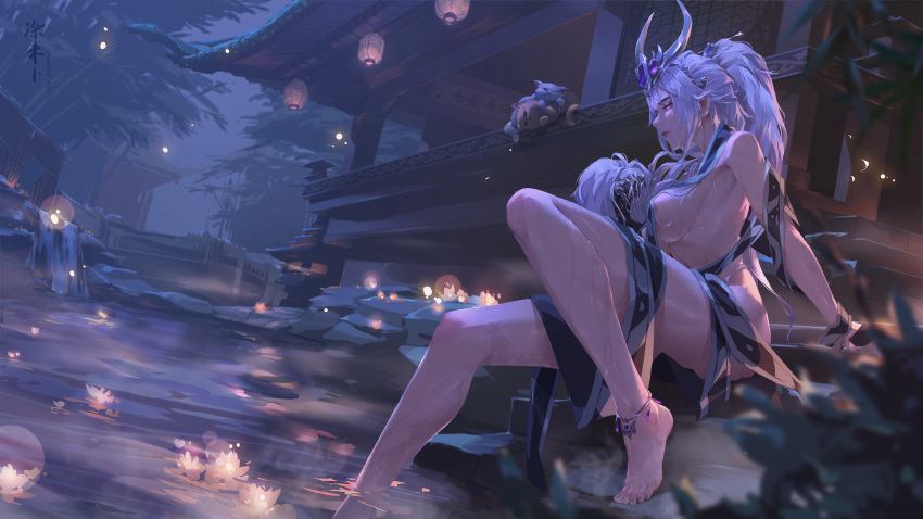 1girl absurdres anklet architecture areola_slip breasts cat east_asian_architecture headpiece highres jewelry lantern large_breasts long_hair miao_ying nail_polish night onsen paper_lantern ponytail revealing_clothes sideboob sitting soaking_feet solo toenail_polish toenails tuweibu warhammer_fantasy wet white_hair