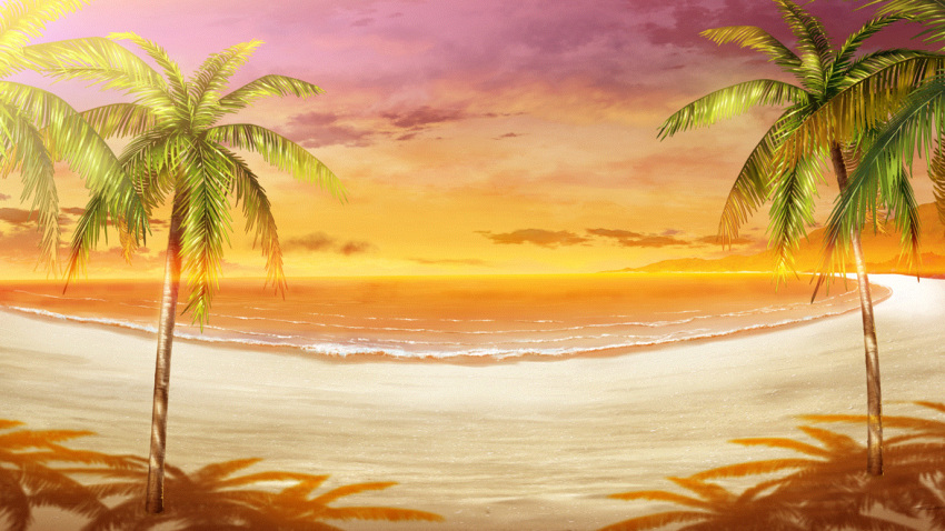 beach cloud evening film_grain game_cg horizon izumi_tsubasu mountain no_humans non-web_source ocean official_art orange_sky outdoors palm_tree re:stage! scenery sky tree