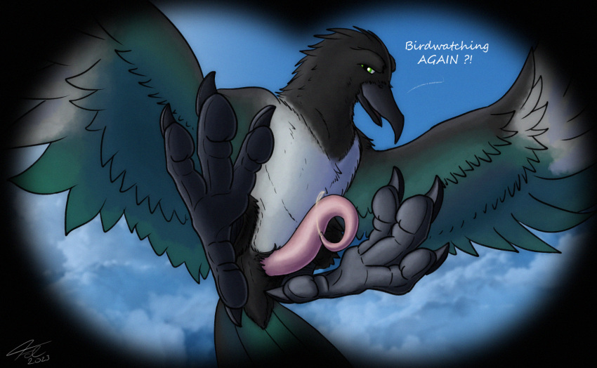2023 4_toes animal_genitalia animal_penis anisodactyl avian avian_butt avian_feet beak binoculars bird black_body black_feathers bodily_fluids butt cetacean_genitalia cetacean_penis claws cloud corvid dialogue digital_media_(artwork) english_text erection eurasian_magpie feathered_wings feathers feet feral flying fol foot_focus genital_fluids genitals green_eyes hi_res holarctic_magpie looking_at_viewer magpie_(corvid) male open_mouth oscine outside passerine penis pink_penis precum prehensile_penis presenting simple_background sky smile soles solo tail talking_to_viewer talons tapering_penis text toe_claws toes white_body white_feathers wings
