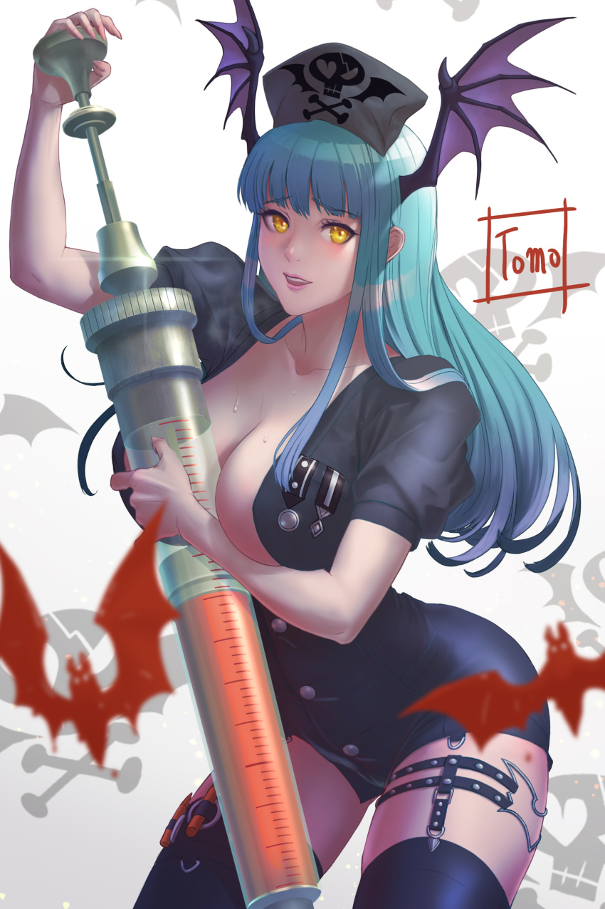 1girl absurdres artist_name bat_(animal) belt black_thighhighs breasts cleavage garter_straps green_hair hat head_wings highres holding holding_syringe large_syringe long_hair looking_at_viewer morrigan_aensland nurse nurse_cap oversized_object revealing_clothes solo syringe thighhighs tomo_eokaiteru vampire_(game) wings yellow_eyes