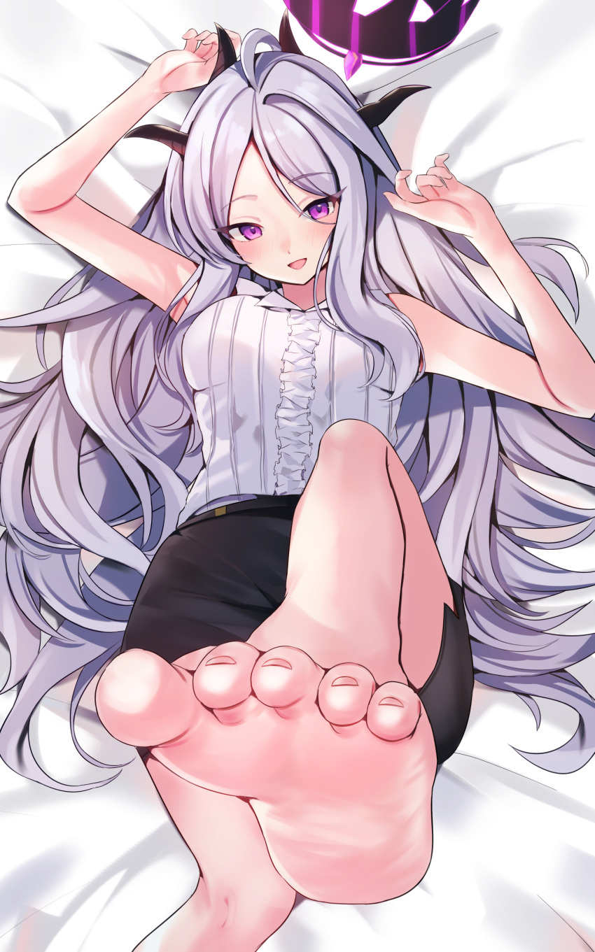 1girl absurdres ahoge alternate_breast_size armpit_peek bare_legs barefoot bed_sheet black_skirt blue_archive blush breasts demon_horns feet foot_focus foot_out_of_frame grey_hair hair_spread_out halo highres hina_(blue_archive) horns leg_up long_hair looking_at_viewer lying medium_breasts mi_taro333 on_back pink_eyes shirt skirt sleeveless sleeveless_shirt smile soles solo toes very_long_hair white_shirt