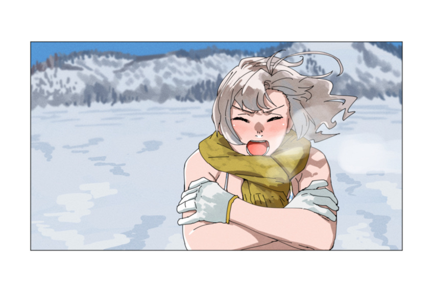 1girl alternate_costume bikini blue_sky blush closed_eyes cold commentary_request facing_viewer gloves grey_hair kantai_collection kinugasa_(kancolle) long_hair mountain ojipon open_mouth outdoors scarf sky snow solo swimsuit upper_body visible_air white_gloves winter yellow_scarf
