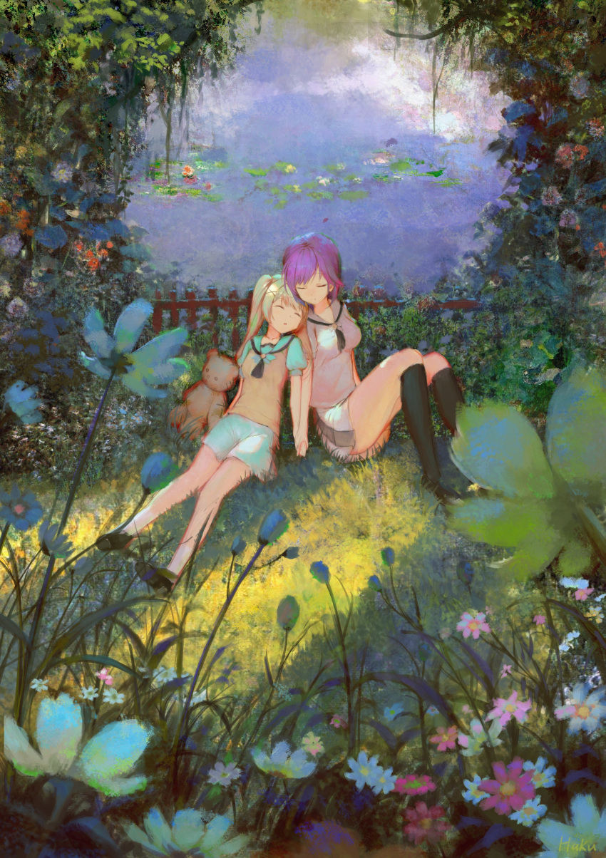 2girls absurdres black_socks blonde_hair blue_flower closed_eyes closed_mouth commentary_request fence flower grass hair_ornament haku89 head_on_another's_shoulder highres holding_hands hug kneehighs knees_up long_hair lying miniskirt mizuori_shizuku multiple_girls nature on_back on_grass open_mouth pink_flower pond puffy_short_sleeves puffy_sleeves purple_eyes scenery school_uniform shirt short_sleeves sitting skirt sleeping smile socks stuffed_animal stuffed_toy summer_pockets sweater_vest teddy_bear tsumugi_wenders twintails white_flower white_shirt white_skirt wide_shot x_hair_ornament yellow_sweater_vest