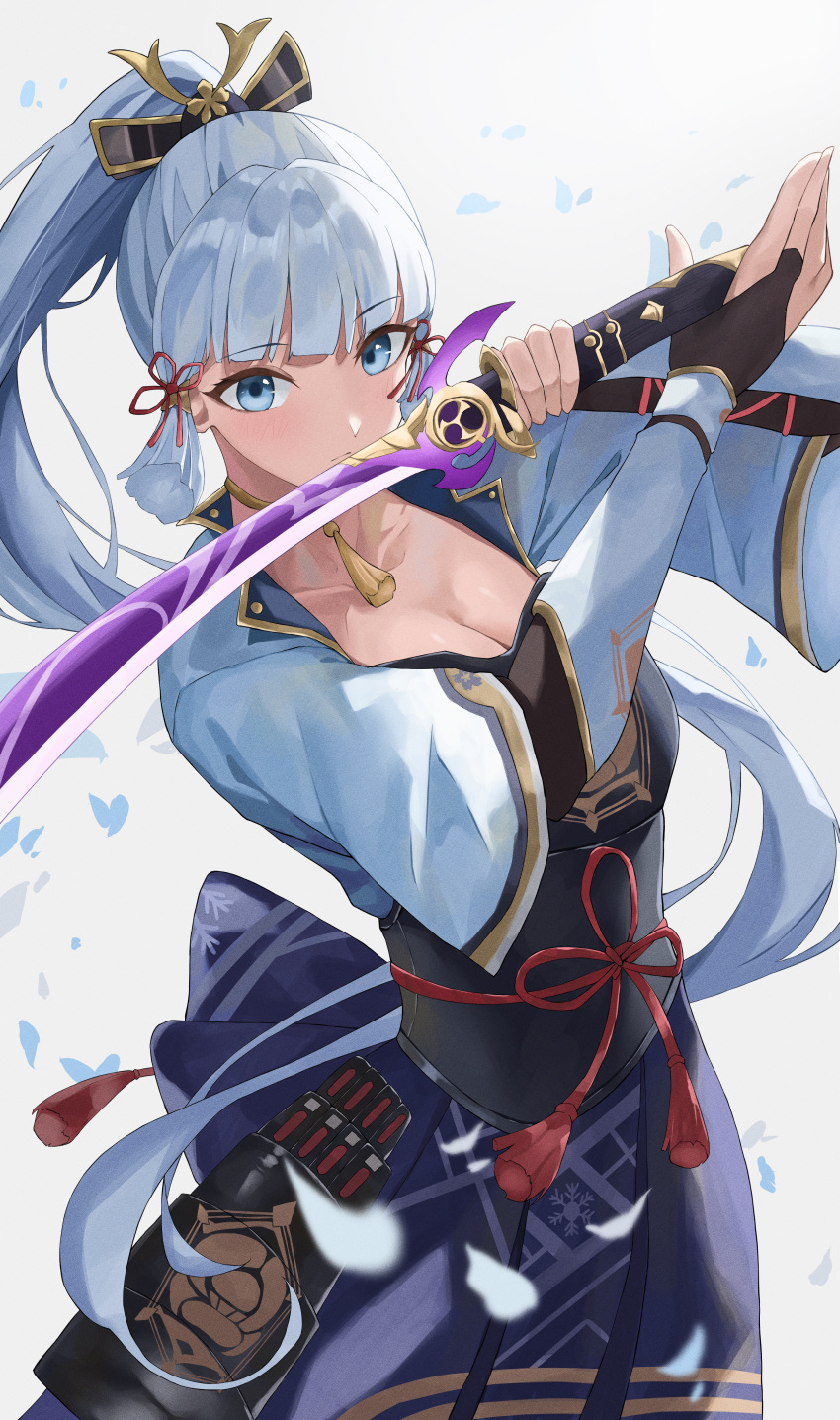 1girl absurdres armor blue_eyes blue_hair blue_hakama blue_petals blunt_bangs breastplate breasts cleavage closed_mouth commentary cowboy_shot falling_petals genshin_impact hair_ribbon hakama higashiwun_izumi highres holding holding_sword holding_weapon japanese_clothes kamisato_ayaka light_blue_hair long_hair looking_at_viewer mistsplitter_reforged_(genshin_impact) petals ponytail red_ribbon ribbon simple_background sword tress_ribbon weapon white_background