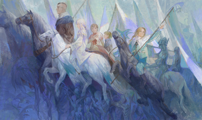 1girl 6+boys armor arms_up berserk black_hair blonde_hair blood blood_on_face brown_hair casca_(berserk) coat contrast corpse faceless flag from_side full_armor griffith_(berserk) guts_(berserk) happy helm helmet holding holding_polearm holding_reins holding_weapon horse horseback_riding inset judeau_(berserk) long_hair looking_ahead looking_at_viewer looking_back looking_to_the_side multiple_boys naux pippin_(berserk) polearm reins rickert_(berserk) riding saddle smile symbolism weapon white_coat