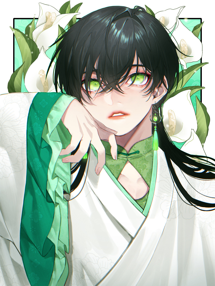 1boy absurdres black_hair chinese_clothes collarbone crossed_bangs dress earrings eyelashes eyeliner fingernails floral_background floral_print flower frilled_sleeves frills glowing glowing_earrings green_background green_eyes green_shirt green_theme hair_between_eyes hair_over_shoulder hand_up highres jewelry layered_clothes layered_dress lipstick long_hair long_sleeves looking_at_viewer makeup male_focus original otochi_(otc_so) parted_lips red_lips robe shirt solo sparkle tassel tassel_earrings upper_body white_flower white_robe wide_sleeves
