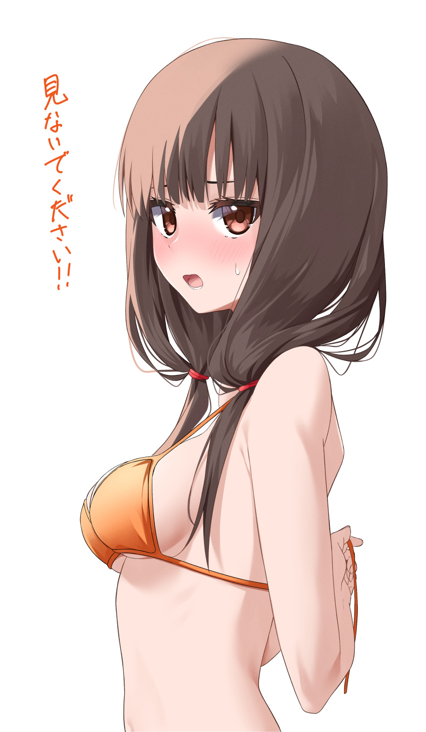 1girl absurdres arms_behind_back bare_arms bikini blush breasts brown_eyes brown_hair from_side hair_over_shoulder highres iino_miko kaguya-sama_wa_kokurasetai_~tensai-tachi_no_renai_zunousen~ kiona_(giraffe_kiona) long_hair looking_at_viewer low_twintails medium_breasts open_mouth orange_bikini sideboob solo strap_gap sweatdrop swimsuit twintails tying underboob