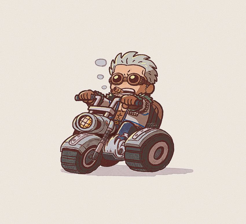 1boy cigar coat deformed driving facial_hair full_body goggles highres looking_ahead male_focus on_motorcycle one_piece scar short_hair sideburns_stubble smoke smoker_(one_piece) smoking solo stubble tonta_(tonta1231) white_hair