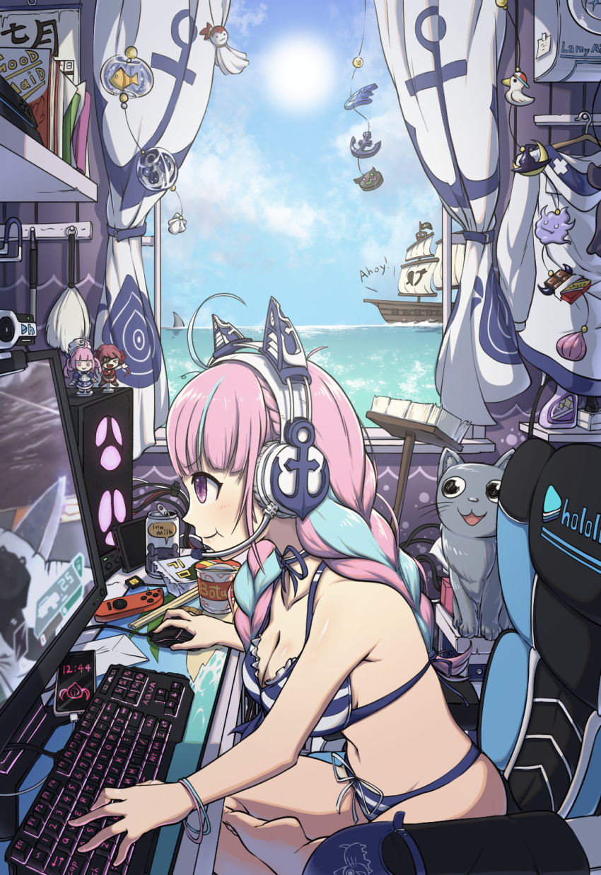 1girl ahoge anchor_print anchor_symbol animal_ear_headphones animal_ears bikini blue_bikini blue_hair blue_sky book braid breasts broom can cellphone chair cleavage closed_mouth cloud cloudy_sky commentary_request computer crossed_legs cup_ramen curtains day desk dongle_e english_commentary fake_animal_ears french_braid front-tie_bikini_top front-tie_top gaming_chair grey_cat halterneck headphones headset highres hololive houshou_marine indoors keyboard_(computer) large_breasts loaded_interior long_hair minato_aqua minato_aqua_(hololive_summer_2019) mixed-language_commentary monitor mouse_(computer) mousepad_(object) multicolored_hair neko_(minato_aqua) official_alternate_costume on_chair phone pink_hair playing_games purple_eyes shark_fin shelf ship sitting sky smartphone smile solo streaked_hair striped_bikini striped_clothes sun swimsuit swivel_chair teruterubouzu twin_braids twintails two-tone_hair unworn_clothes video_game virtual_youtuber water watercraft webcam window
