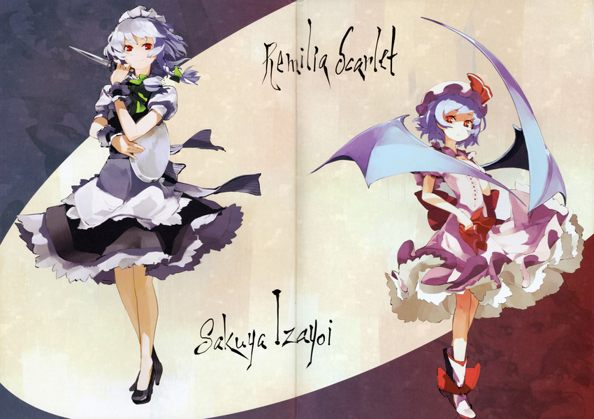 absurdres apron bat_wings blue_hair bow braid character_name dress grey_hair hair_bow hair_ornament hat hat_ribbon highres izayoi_sakuya knife looking_at_viewer maid_headdress mob_cap multiple_girls puffy_sleeves red_eyes remilia_scarlet ribbon scan shihou_(g-o-s) short_hair short_sleeves text_focus touhou twin_braids wings