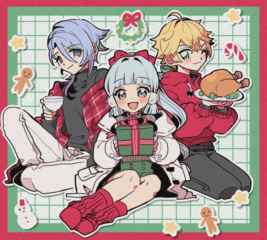 1girl 2boys :3 alternate_costume black_pants black_sweater blonde_hair blue_eyes blue_hair blush bow box candy candy_cane christmas closed_mouth cup food genshin_impact gift gift_box gingerbread_man hair_bow hand_up holding holding_cup hood hood_down hoodie jacket kamisato_ayaka kamisato_ayato long_hair long_sleeves looking_at_viewer mole mole_under_eye mugime_(oretekisunshine) multiple_boys open_clothes open_jacket open_mouth pants ponytail red_bow red_socks sidelocks sitting snowman socks star_(sky) sweater thoma_(genshin_impact)