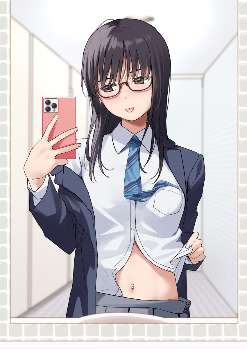 1girl absurdres black_hair blazer blue_necktie blush ear_piercing glasses highres holding holding_phone industrial_piercing jacket kiona_(giraffe_kiona) lapels long_hair long_sleeves looking_at_viewer navel navel_piercing necktie open_clothes open_jacket original phone piercing school_uniform shirt smile solo tongue tongue_out tongue_piercing