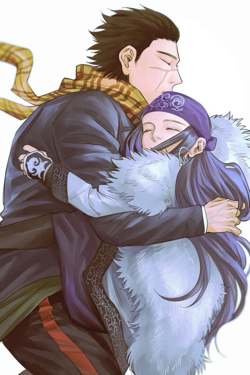 1boy 1girl absurdres ainu ainu_clothes asirpa black_hair cloak closed_eyes covered_mouth cowboy_shot earrings facing_to_the_side fur_cloak golden_kamuy hair_slicked_back headband highres hoop_earrings hug jewelry long_hair long_sleeves lying on_side pants plaid plaid_scarf profile purple_hair scar scar_on_cheek scar_on_face scar_on_mouth scar_on_nose scarf short_hair simple_background sleeping songyeerhu sugimoto_saichi white_background