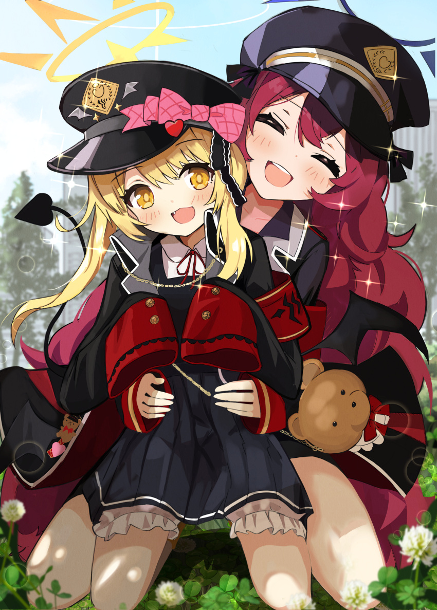 2girls absurdres armband black_coat black_headwear black_tail black_wings blonde_hair blue_archive blush closed_eyes coat day demon_tail demon_wings flower halo hat highres ibuki_(blue_archive) iroha_(blue_archive) long_hair long_sleeves multiple_girls open_mouth outdoors peaked_cap purple_halo red_armband red_hair revision sleeves_past_fingers sleeves_past_wrists smile tail thomason366 white_flower wings yellow_eyes yellow_halo
