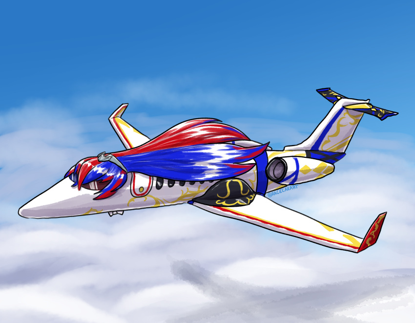 aircraft airplane alear_(female)_(fire_emblem) alear_(fire_emblem) blue_hair fire_emblem fire_emblem_engage highres learjet multicolored_hair no_humans outdoors pun racecar_(racecarart) red_hair sky two-tone_hair vehicalization vehicle_focus