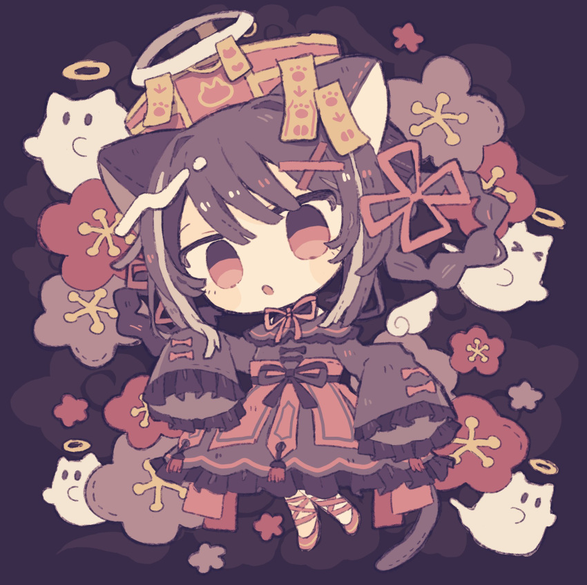 1girl :o animal_ears black_dress cat_ears cat_girl cat_tail commentary dress empty_eyes full_body ghost hair_rings halo hat highres jiangshi kanato345 long_hair looking_at_viewer original outstretched_arms purple_background qingdai_guanmao red_eyes red_footwear simple_background sleeves_past_fingers sleeves_past_wrists solo tail talisman wings zombie_pose