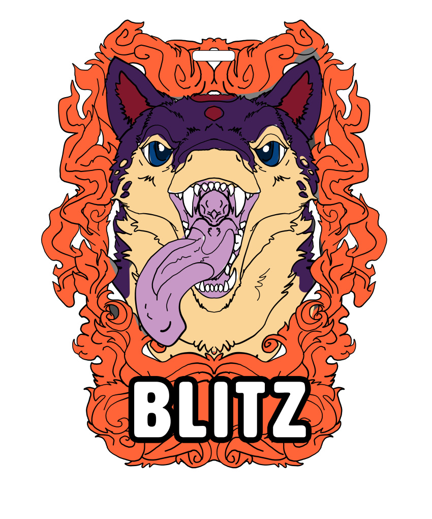 absurd_res badge blitz_(gyro) blue_eyes countershading fan_character feral fire fishyboner generation_2_pokemon hi_res male markings mottled mottled_body mouth_shot nintendo open_mouth pokemon pokemon_(species) purple_body quadruped quilava red_markings tan_body