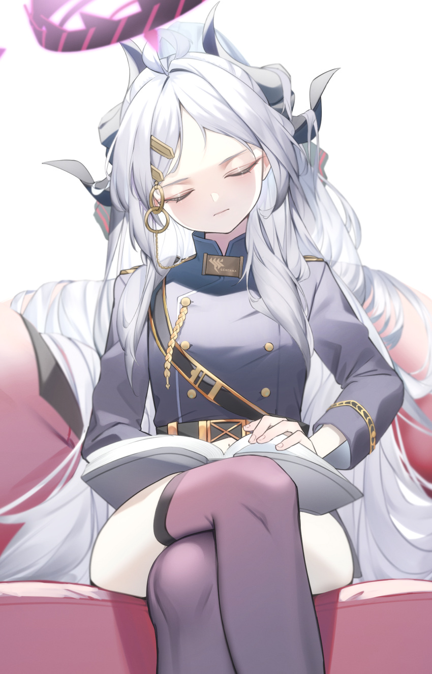 1girl aiguillette belt black_belt black_horns black_thighhighs blue_archive book breasts buttons closed_eyes closed_mouth crossed_legs demon_horns double-breasted feet_out_of_frame grey_hair halo highres hina_(blue_archive) horns long_hair long_sleeves multiple_horns open_book parted_bangs pero_(peroneko0510) small_breasts solo thighhighs