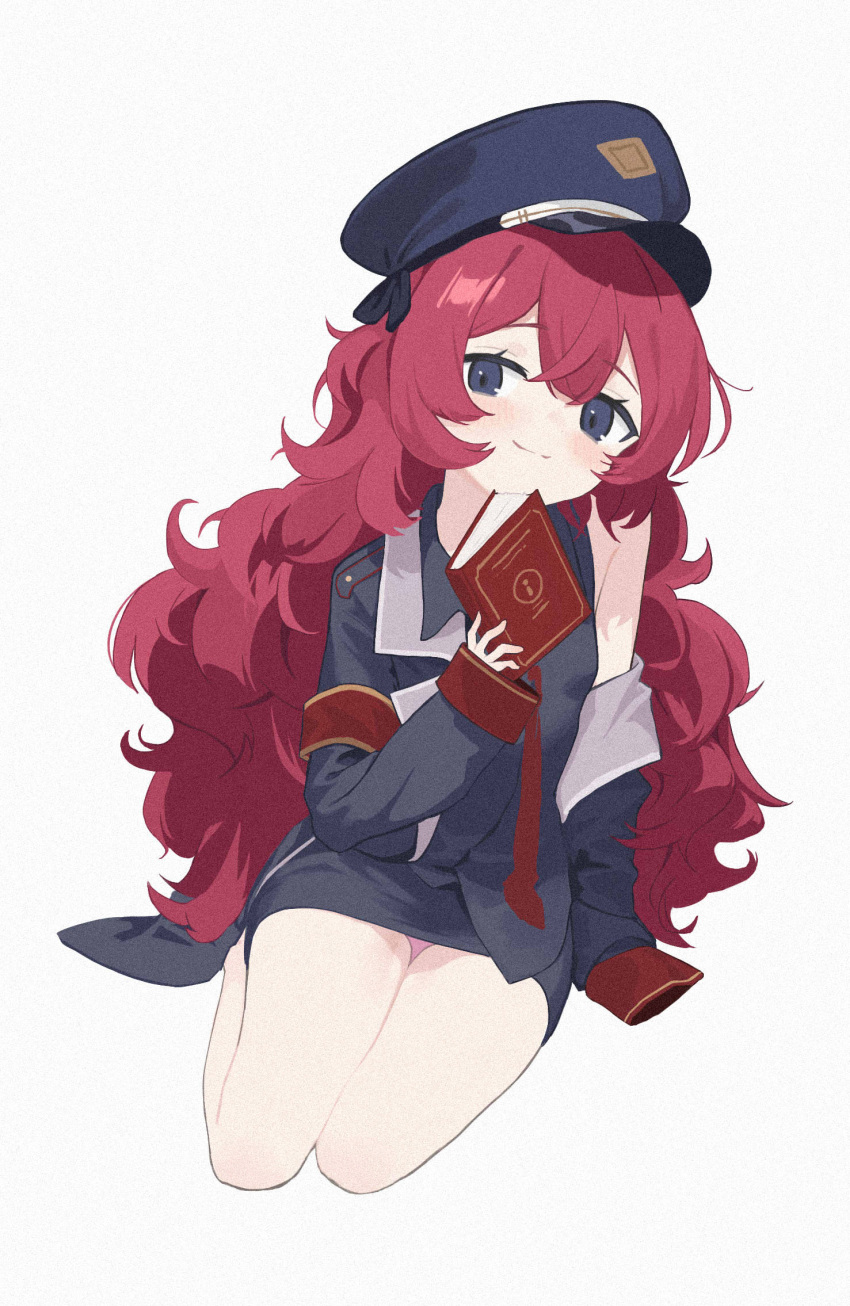 1girl bare_legs black_eyes black_shirt black_skirt blue_archive book breasts closed_mouth curly_hair film_grain full_body hat highres holding holding_book iroha_(blue_archive) long_hair looking_at_viewer military_hat military_uniform miniskirt off-shoulder_jacket off_shoulder red_hair shirt shou_xun_bu_liang simple_background sitting skirt sleeves_past_wrists small_breasts small_hands smile solo thighs uniform wariza white_background