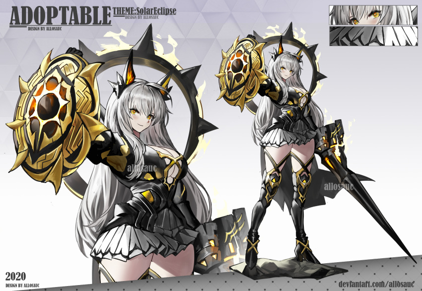 1girl 2020 adoptable ahoge allosauc animal_ear_fluff animal_ears arm_up armor artist_name black_armor black_footwear black_sleeves boots breasts center_opening cleavage clenched_hand close-up closed_mouth commentary cowboy_shot deviantart_username dress english_commentary english_text full_body gradient_background grey_background high_heel_boots high_heels highres holding holding_polearm holding_shield holding_weapon huge_breasts lance light long_hair long_sleeves marking_on_cheek multiple_views original polearm reference_sheet shield short_dress simple_background smile teardrop_facial_mark thigh_boots triangle_background very_long_hair watermark weapon white_dress white_hair yellow_eyes