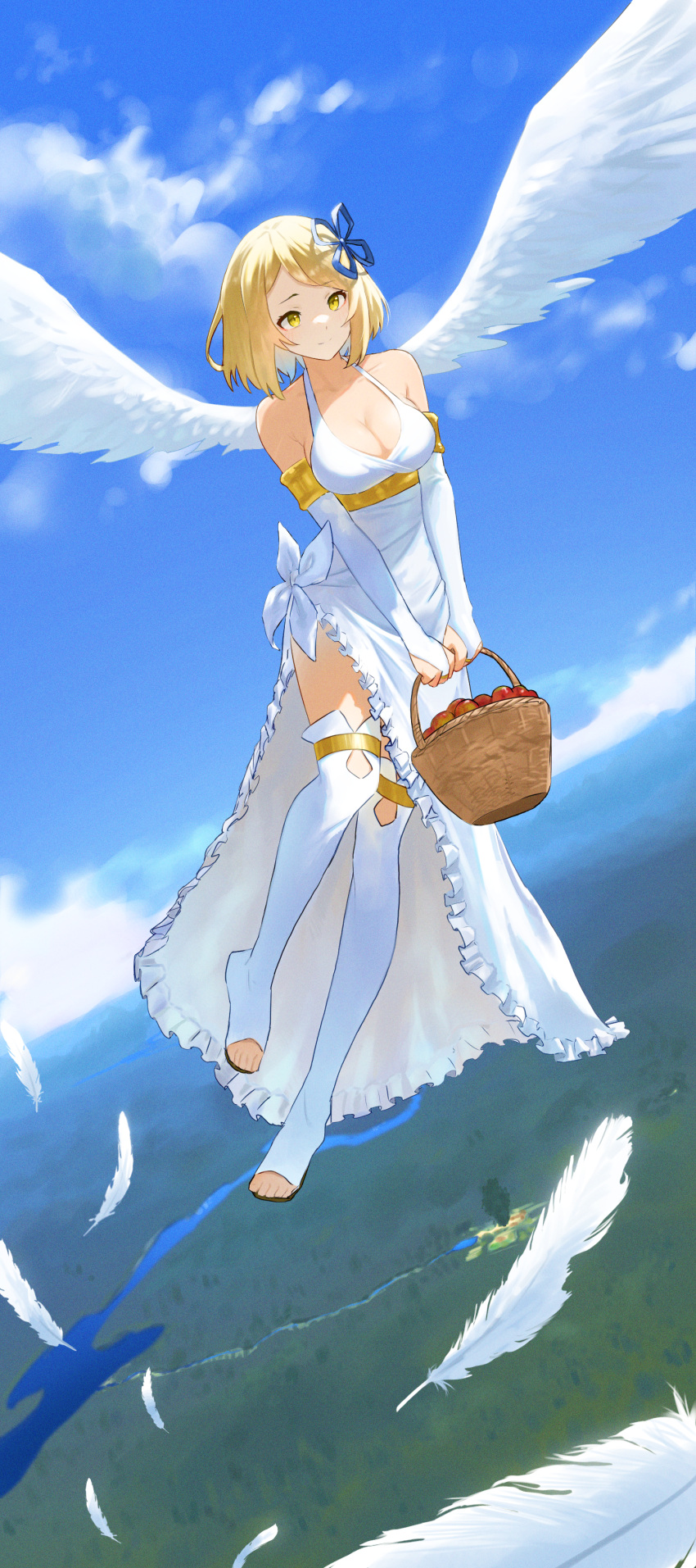 1girl absurdres angel angel_wings basket blonde_hair blue_ribbon breasts detached_sleeves dress e_ga_ku falling_feathers flying forest fruit_basket full_body hair_ribbon highres holding holding_basket isekai_nonbiri_nouka large_breasts nature ribbon river side_slit sleeveless sleeveless_dress solo thigh_strap thighhighs tia_(isekai_nonbiri_nouka) white_dress white_thighhighs wings yellow_eyes