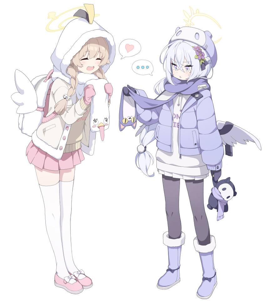 ... 2girls absurdres angel_wings azusa_(blue_archive) backpack bag black_mittens black_pantyhose blue_archive blush boots closed_eyes feathered_wings full_body halo hat heart hifumi_(blue_archive) highres hood hood_up hoodie jacket light_brown_hair long_hair long_sleeves mittens multiple_girls open_clothes open_jacket open_mouth pantyhose peroro_(blue_archive) pink_eyes pink_footwear pink_mittens purple_footwear purple_headwear purple_jacket shoes simple_background smile spoken_ellipsis spoken_heart thighhighs white_background white_hair white_hoodie white_thighhighs white_wings wings yellow_halo yellow_jacket yozisang