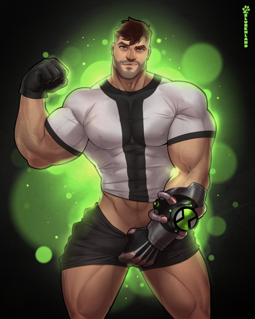 1boy bara baraland_2lub beard_stubble ben_10 ben_10000 ben_tennyson brown_hair covered_nipples cowboy_shot crotch_grab facial_hair flexing gloves green_eyes grey_hair highres large_pectorals looking_at_viewer male_focus male_pubic_hair mature_male midriff_peek multicolored_hair muscular muscular_male navel_hair pectorals pubic_hair pubic_hair_peek shirt short_hair solo streaked_hair stubble t-shirt thick_eyebrows thick_thighs thighs veins veiny_arms