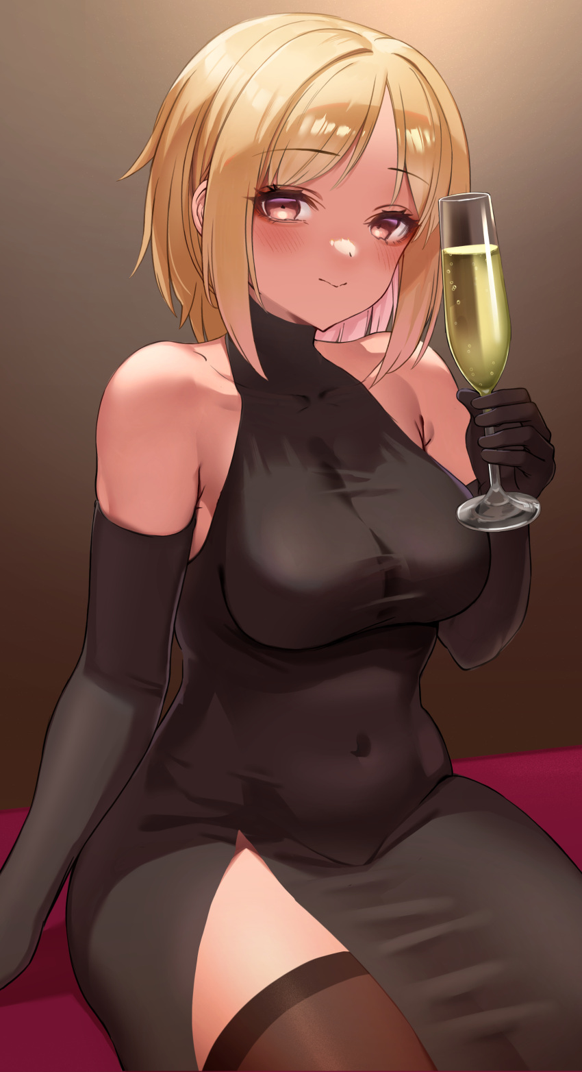 1girl absurdres alcohol alternate_costume black_dress black_gloves black_thighhighs blonde_hair blush breasts champagne champagne_flute cup dress drinking_glass elbow_gloves eyebrows_hidden_by_hair girls'_frontline gloves highres holding holding_cup looking_at_viewer medium_breasts mp40_(girls'_frontline) orange_eyes short_hair sitting sleeveless sleeveless_dress smile solo thighhighs toryu_fufu