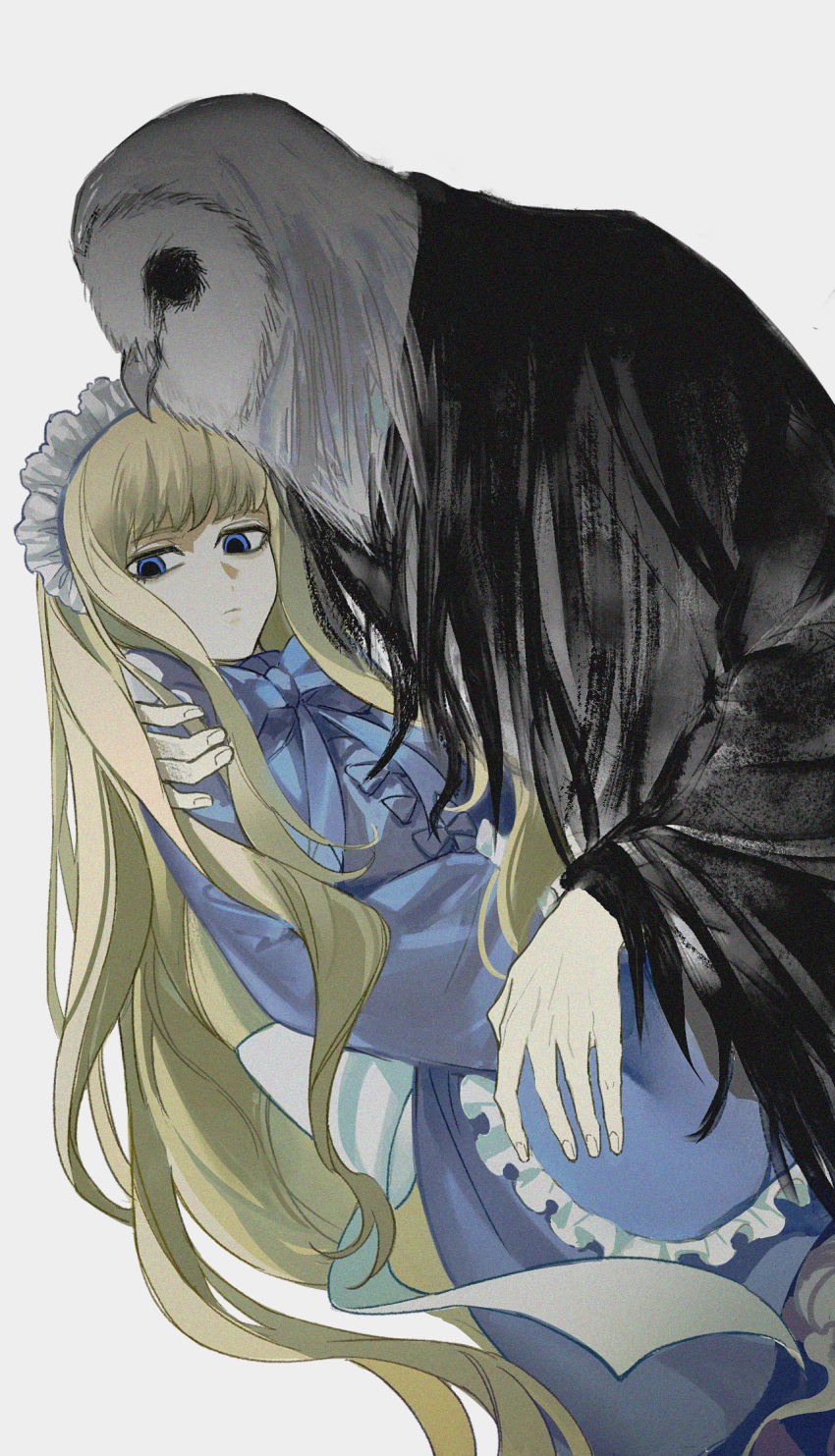 1boy 1girl alice_(black_souls) animal_head apron back_bow bird black_robe black_souls blonde_hair blue_apron blue_bow blue_bowtie blue_dress blue_eyes bow bowtie closed_mouth dress hand_on_another's_shoulder highres long_hair long_sleeves looking_down lorde_(black_souls) maid_headdress owl owl_boy robe sidelocks simple_background sio2_(whynotkarma) waist_apron white_background