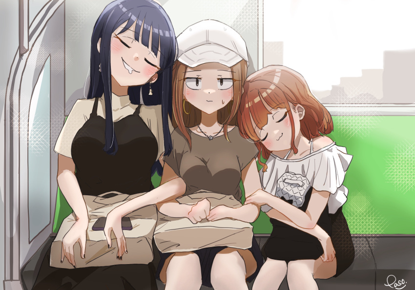 3girls :3 artist_name bag black_hair black_nails black_skirt blush boku_no_kokoro_no_yabai_yatsu brown_eyes brown_hair brown_shirt closed_eyes drooling earrings facing_viewer handbag hat highres jewelry locked_arms medium_hair multiple_girls paso sekine_moeko shirt short_sleeves sitting skirt sleeping sweatdrop train_interior white_headwear yamada_anna yoshida_serina