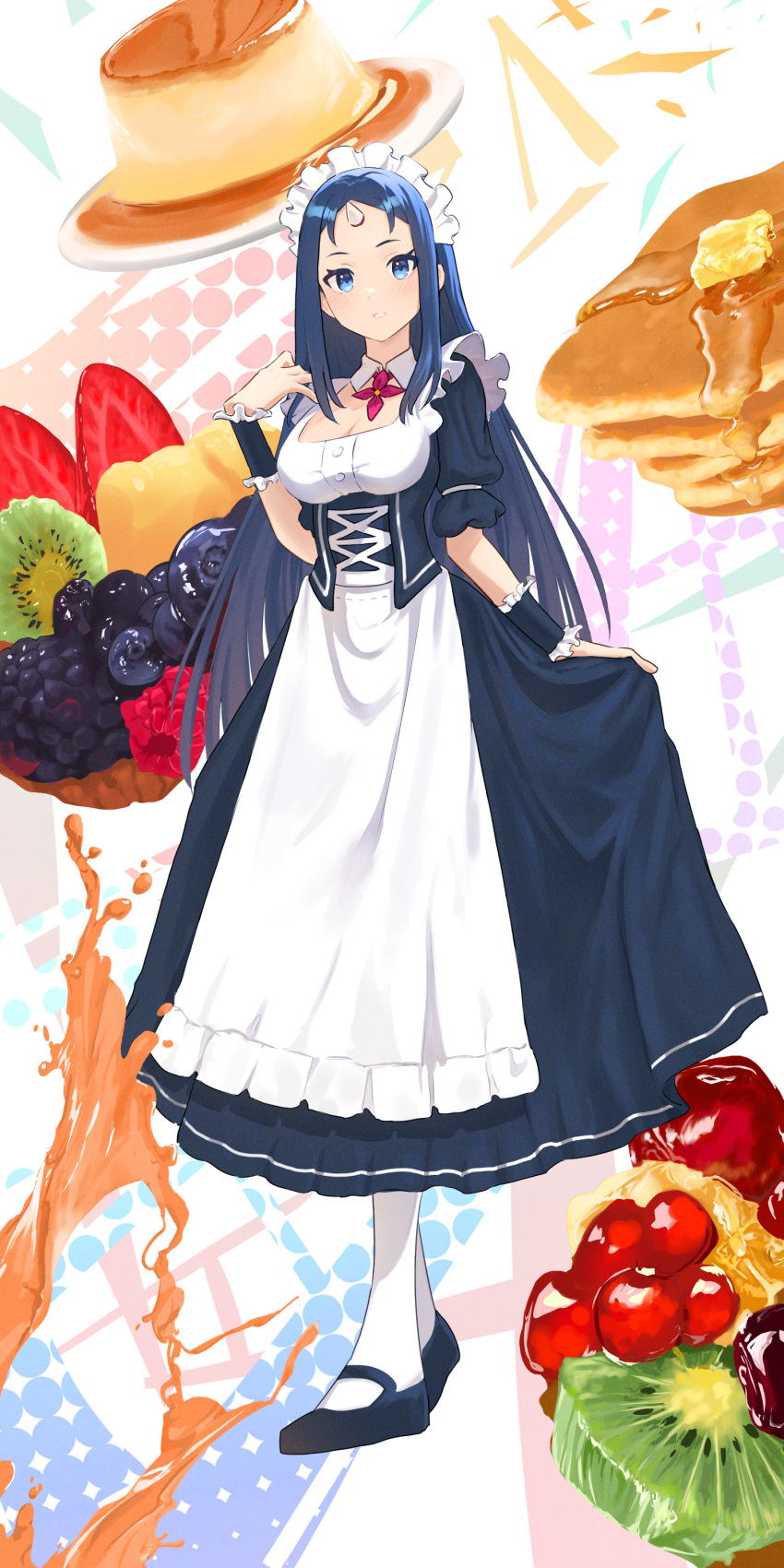 1girl absurdres ann_(isekai_nonbiri_nouka) apron blue_dress blue_eyes blue_footwear blue_hair blue_wristband breasts cleavage collar dress e_ga_ku food fruit full_body grapes highres holding holding_clothes holding_dress horns isekai_nonbiri_nouka kiwi_(fruit) kiwi_slice large_breasts light_blush long_bangs long_hair looking_at_viewer maid maid_apron maid_headdress pancake pancake_stack pudding single_horn solo strawberry strawberry_slice thighhighs very_long_hair white_apron white_collar white_headdress white_thighhighs