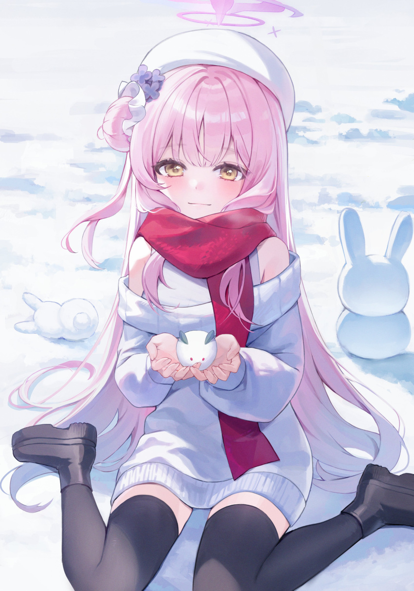 1girl absurdres alternate_costume bare_shoulders black_footwear black_thighhighs blue_archive blush chaerom closed_mouth commentary hair_bun halo highres long_hair mika_(blue_archive) off-shoulder_sweater off_shoulder pink_hair pink_halo red_scarf scarf single_side_bun sitting smile snow snow_rabbit solo sweater symbol-only_commentary thighhighs wariza white_sweater yellow_eyes