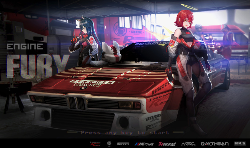 2girls animal_ears arknights binder black_hair black_shorts bmw bmw_m1 breasts can car closed_mouth clothing_cutout drink english_text exusiai_(arknights) fr_(frrrr) gloves halo helmet highres hks holding holding_can holding_drink knee_pads looking_at_viewer motor_vehicle multiple_girls penguin_logistics_logo people pirelli race_vehicle racecar racing_suit red_eyes red_hair rhodes_island_logo_(arknights) short_hair shorts small_breasts smile sponsor texas_(arknights) thigh_cutout unworn_headwear unworn_helmet vehicle_focus