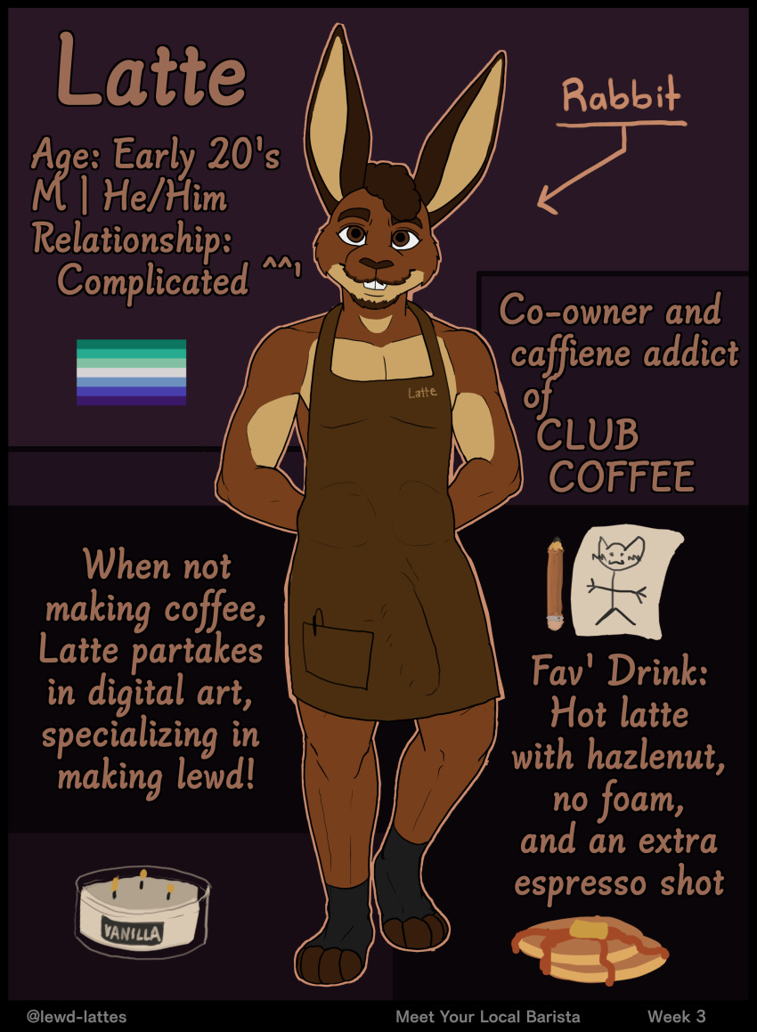 absurd_res anthro apron apron_only beard brown_body brown_eyes brown_fur buckteeth candle clothing facial_hair flag flag_(object) food fur hi_res lagomorph leporid lewd_latte male mammal model_sheet mustache pancake paper pencil_(object) rabbit solo teeth vincian_pride_colors