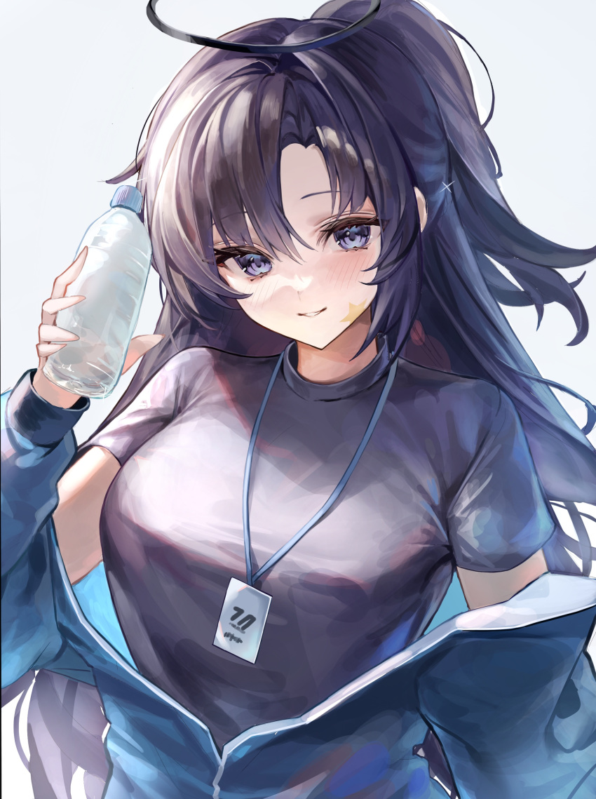 1girl absurdres black_shirt blue_archive blue_jacket blush bottle breasts facial_mark grey_background hair_between_eyes halo highres holding holding_bottle id_card jacket kabi_(zcwd8845) lanyard large_breasts long_hair long_sleeves looking_at_viewer mechanical_halo official_alternate_costume open_mouth partially_unzipped ponytail purple_eyes purple_hair shirt short_sleeves simple_background smile solo star_(symbol) track_jacket upper_body water_bottle yuuka_(blue_archive) yuuka_(track)_(blue_archive)