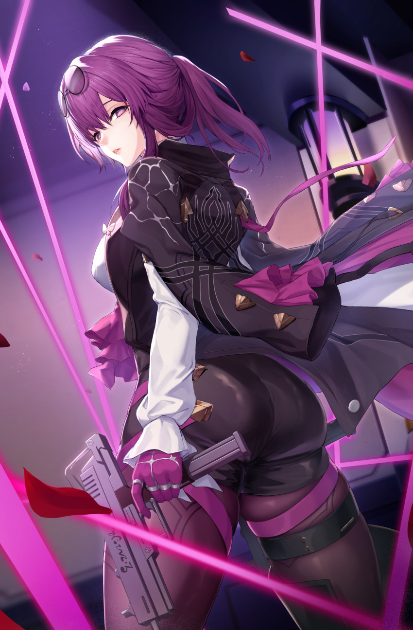 1girl ass boots breasts butterfly_ornament chest_harness eyewear_on_head gloves harness high-waist_shorts highres honkai:_star_rail honkai_(series) kafka_(honkai:_star_rail) looking_back pantyhose pantyhose_under_shorts pince-nez purple-tinted_eyewear purple_eyes purple_gloves purple_hair purple_pantyhose ravily002 round_eyewear short_ponytail shorts single_thigh_boot solo spider_web_print sunglasses thigh_boots thigh_strap thread tinted_eyewear