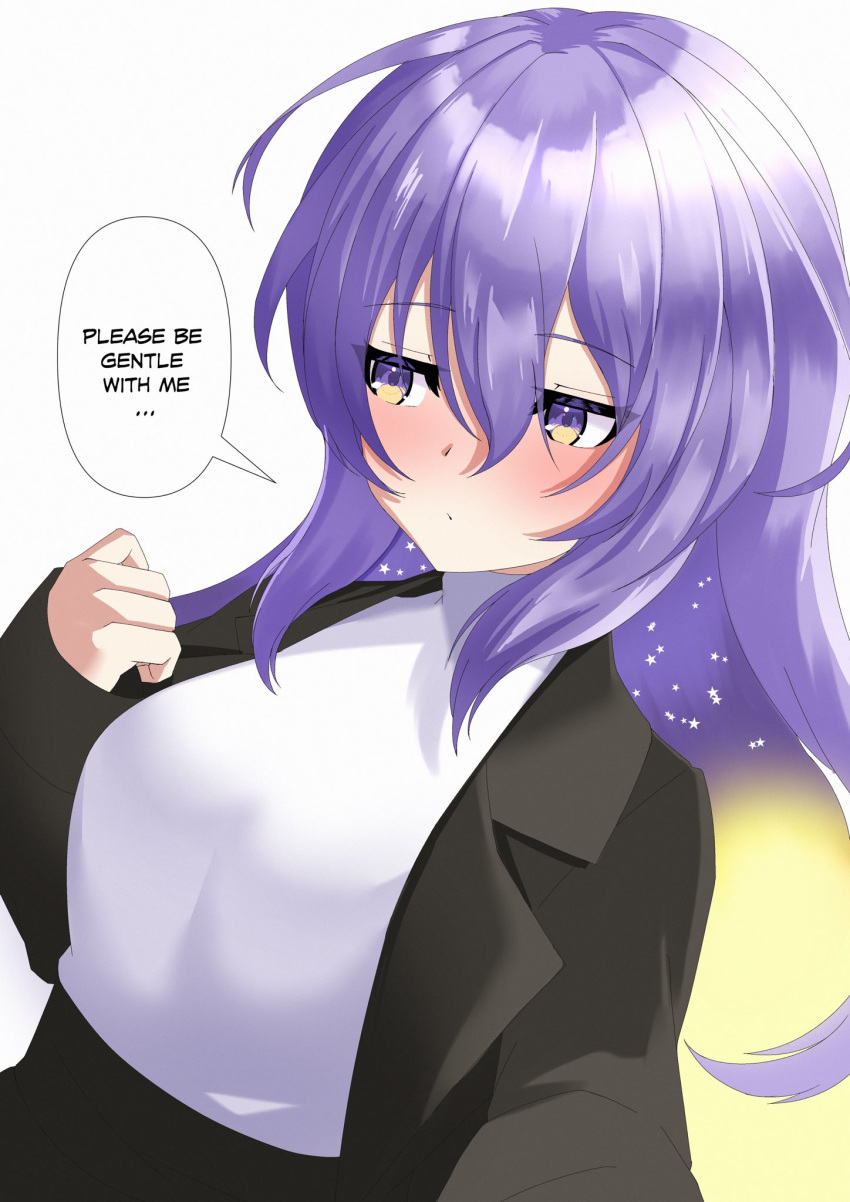 1girl black_jacket blush breasts gradient_hair highres hololive hololive_indonesia jacket jitome kaiyen large_breasts long_hair moona_hoshinova multicolored_hair purple_eyes purple_hair sleeves_past_wrists starry_hair sweater virtual_youtuber white_background white_sweater