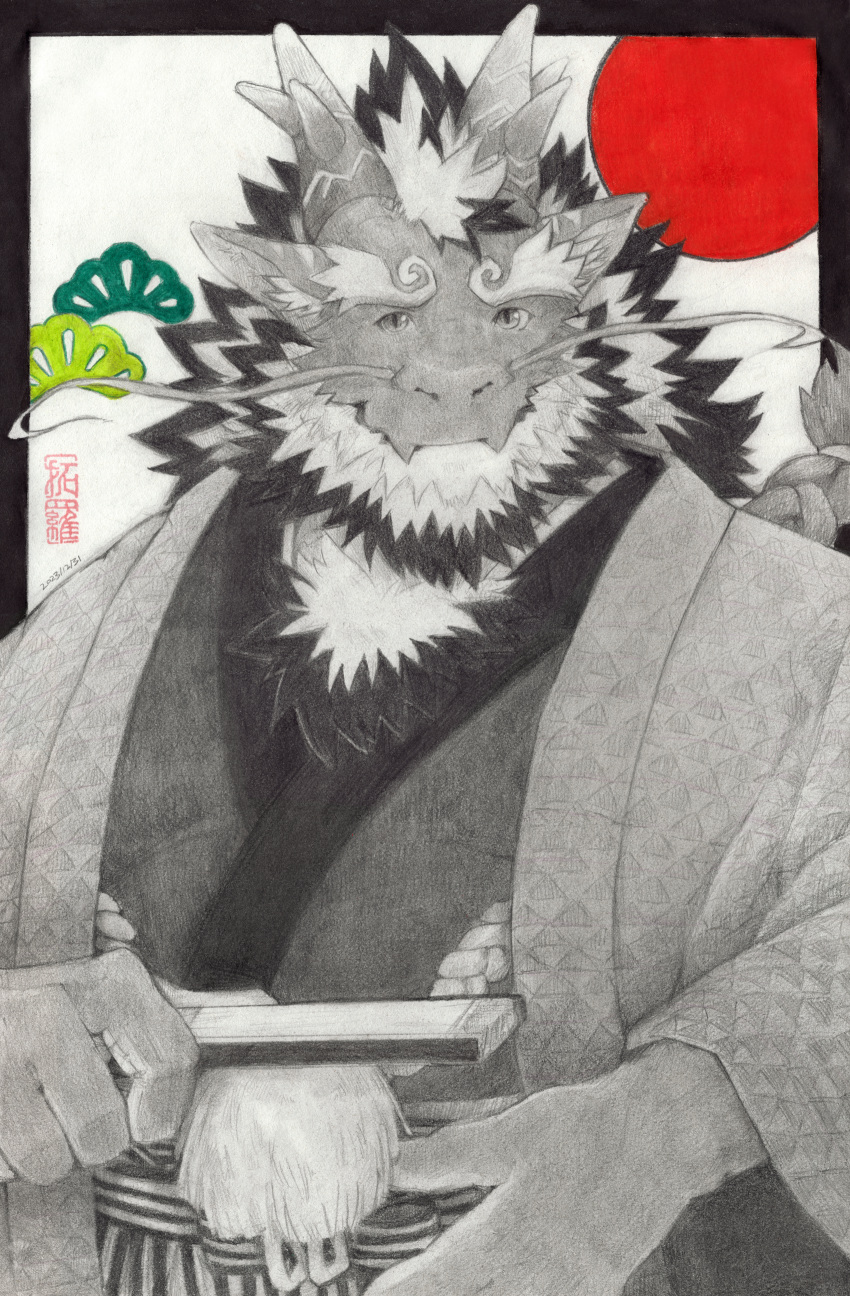 1boy absurdres bara beard chest_hair chinese_zodiac commentary dragon_boy dragon_horns facial_hair facing_viewer full_beard furry furry_male hand_fan highres holding holding_fan horns huge_eyebrows male_focus mature_male qinglong_(housamo) thick_beard tokyo_afterschool_summoners toronoekaki two-tone_beard year_of_the_dragon