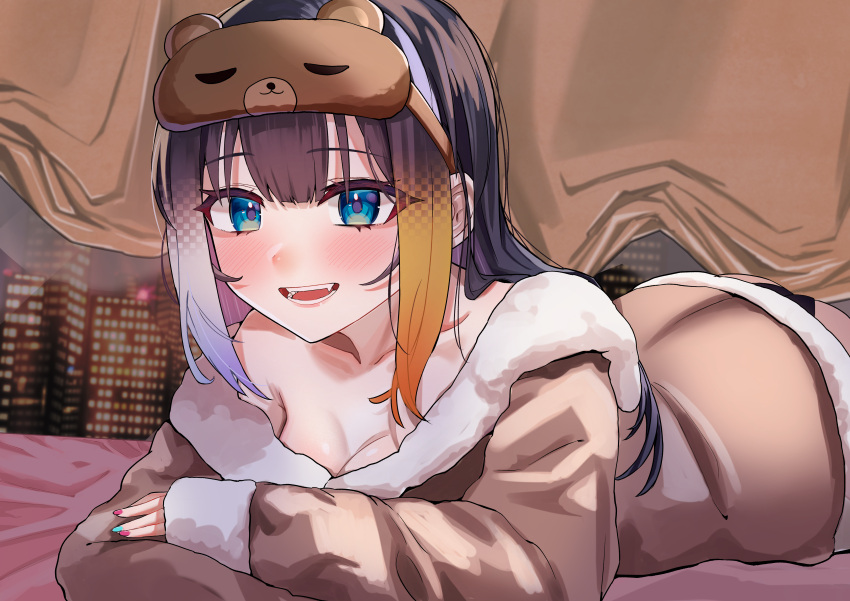 1girl absurdres black_hair black_panties blonde_hair blue_eyes blush breasts building city_lights cleavage collarbone commentary_request curtains displayer eyewear_on_head futoshi_tanaka highres long_hair looking_ahead lying multicolored_hair multicolored_nails nail_polish night on_bed on_stomach open_mouth pajamas panties rinka_raizenbain skyscraper sleep_mask smile solo teeth underwear upper_body virtual_youtuber white_hair window