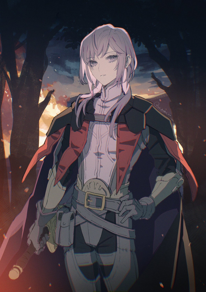 1boy androgynous armor belt belt_buckle black_cape buckle cape cowboy_shot fire fire_emblem fire_emblem:_three_houses gloves grey_armor grey_belt grey_gloves hand_on_own_hip highres holding holding_sword holding_weapon leather_armor long_hair long_sleeves looking_at_viewer male_focus mami_(apsaras) night parted_lips purple_eyes purple_hair shirt solo standing sword tree vambraces weapon white_shirt wispy_bangs yuri_leclerc