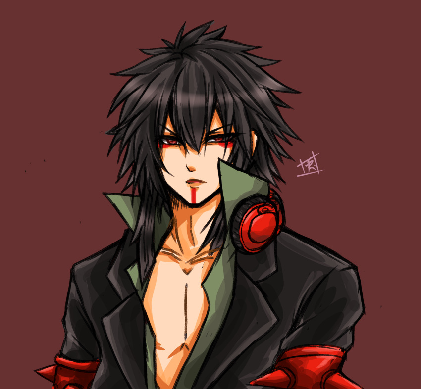 1boy aoi_tsukiyo_usagi armlet beatmania_iidx black_hair black_jacket blazer brown_background commentary_request eyeliner green_shirt hair_between_eyes headphones headphones_around_neck highres jacket long_bangs looking_at_viewer makeup male_focus open_clothes open_mouth open_shirt popped_collar red_eyeliner red_eyes shem shirt short_hair simple_background solo spiked_armlet upper_body v-shaped_eyebrows