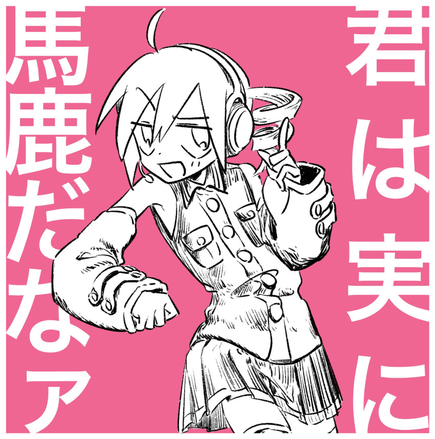 1girl arm_rest border catchphrase collared_shirt commentary_request cowboy_shot detached_sleeves drill_hair greyscale_with_colored_background headset highres index_finger_raised jitome kasane_teto light_blush looking_at_viewer nata_shelf pink_background pleated_skirt raised_eyebrow sanpaku shirt short_hair skirt sleeveless sleeveless_shirt smile solo text_background translation_request twin_drills utau