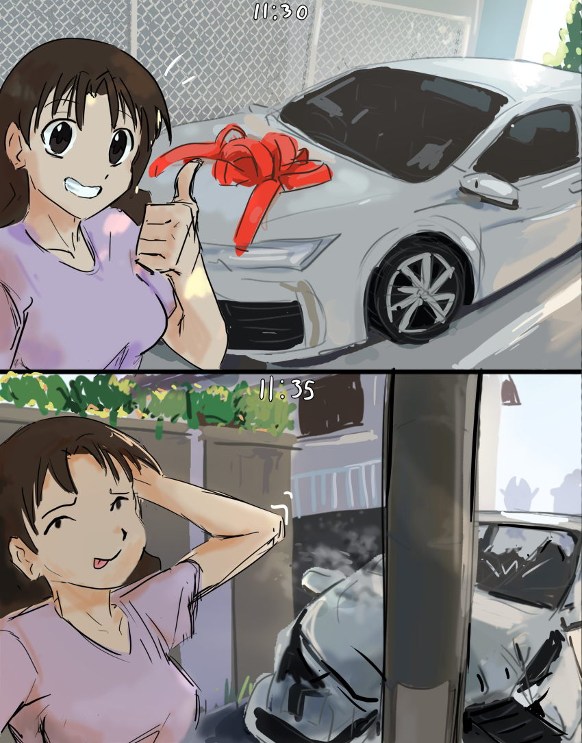 1girl absurdres azumanga_daioh before_and_after brown_eyes brown_hair car car_crash highres liamickpie looking_at_viewer motor_vehicle smile solo tanizaki_yukari timestamp utility_pole