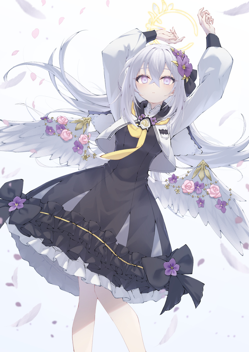 1girl angel_wings arms_up azusa_(blue_archive) black_dress black_ribbon black_sailor_collar blue_archive blush bow breasts closed_mouth commentary_request crescent_halo cropped_jacket crossed_bangs dress expressionless falling_petals feathered_wings feathers feet_out_of_frame floating_hair flower frilled_dress frilled_sailor_collar frills hair_between_eyes hair_flower hair_ornament hair_ribbon halo highres jacket long_hair long_sleeves looking_at_viewer low_wings n4gare_b0shi neckerchief necktie open_clothes open_jacket petals pink_flower pink_rose puffy_long_sleeves puffy_sleeves purple_eyes purple_flower ribbon rose sailor_collar school_uniform sidelocks simple_background solo standing very_long_hair white_background white_feathers white_hair white_jacket white_wings wind wings yellow_halo yellow_neckerchief