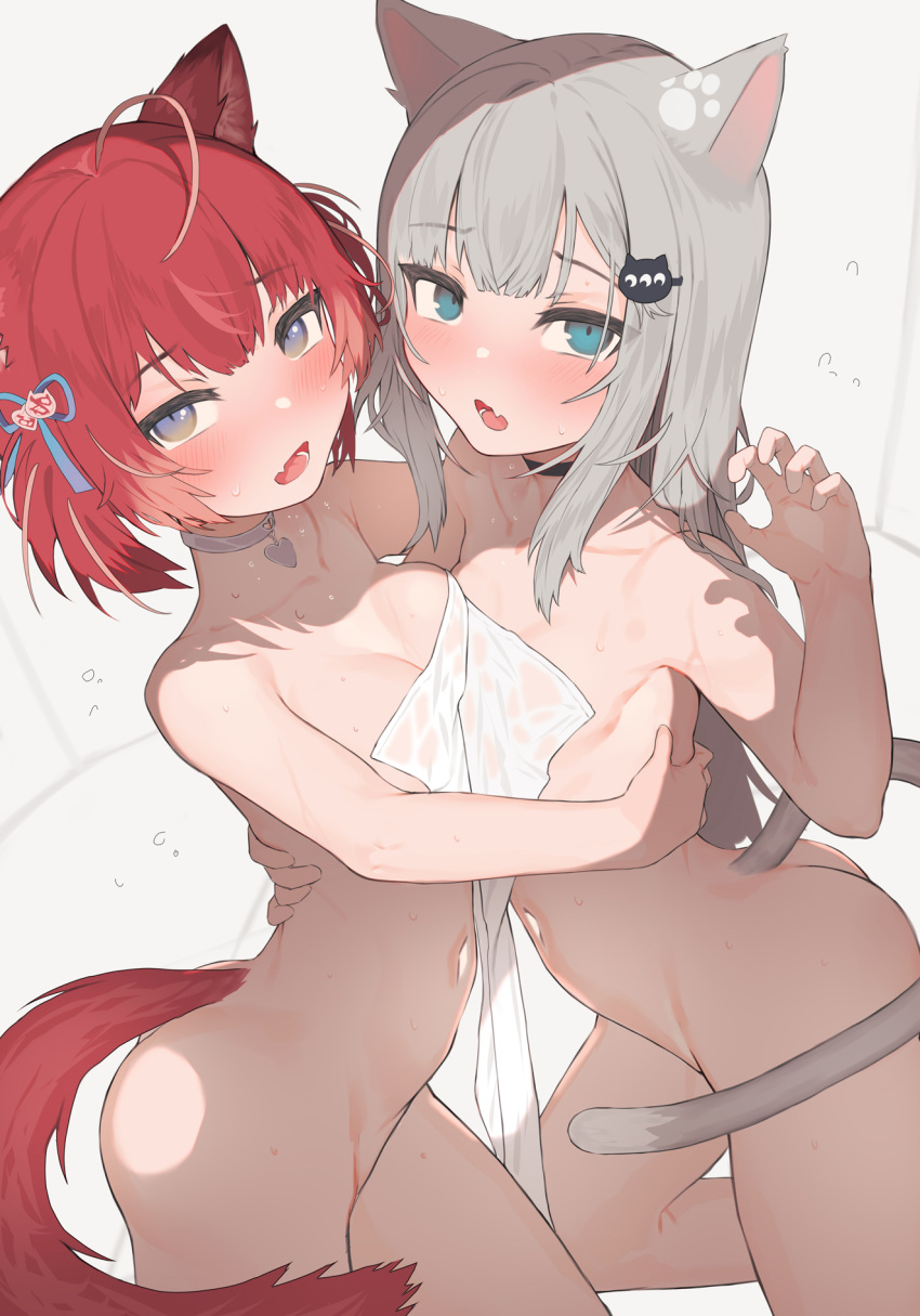 2girls ahoge akami_karubi animal_ears asymmetrical_docking black_choker blue_eyes blush breast_press breasts cat_ears cat_girl cat_tail choker claw_pose commentary_request completely_nude covering_privates fang grey_hair hair_ornament hairclip heart heart_choker highres indie_virtual_youtuber long_hair looking_at_viewer madana_(xesa7885) multiple_girls nachoneko navel nude nude_cover open_mouth purple_eyes red_hair short_hair skin_fang small_breasts tail towel virtual_youtuber white_choker